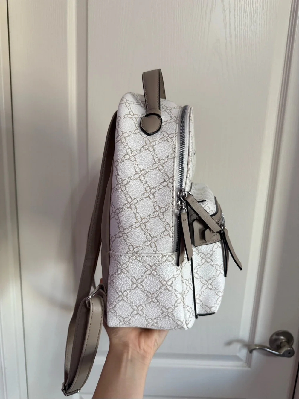 Nine West White and Taupe Logo-Print Mini Backpack
